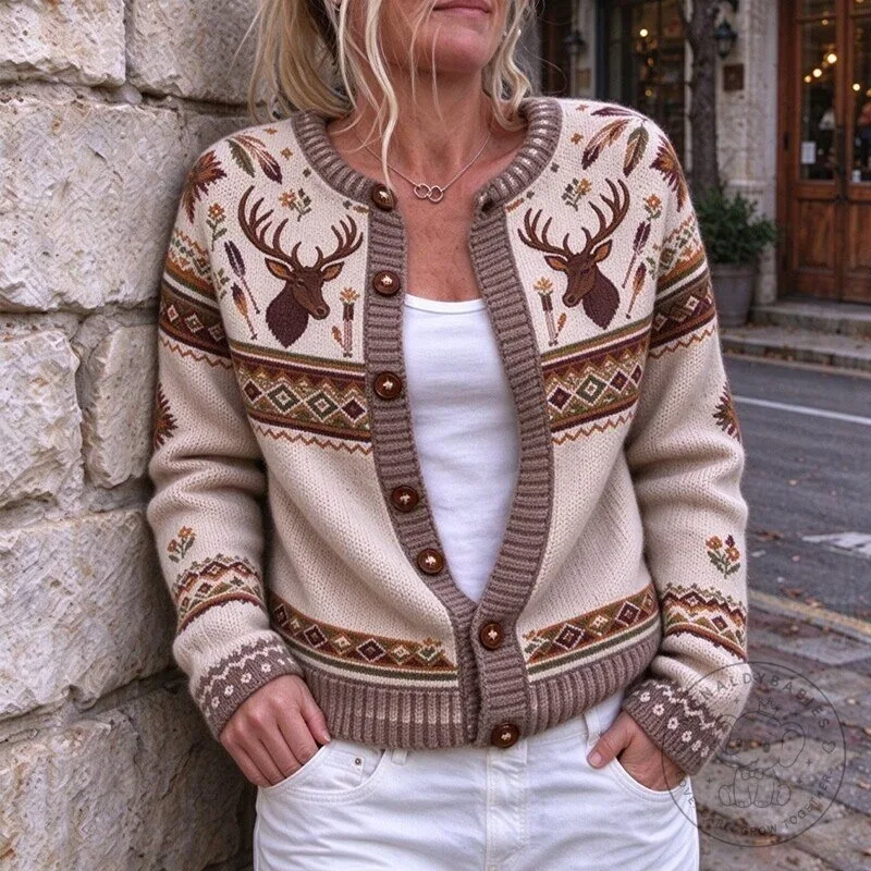 Deer Head Fair Isle Knit Cardigan Sweater for Women