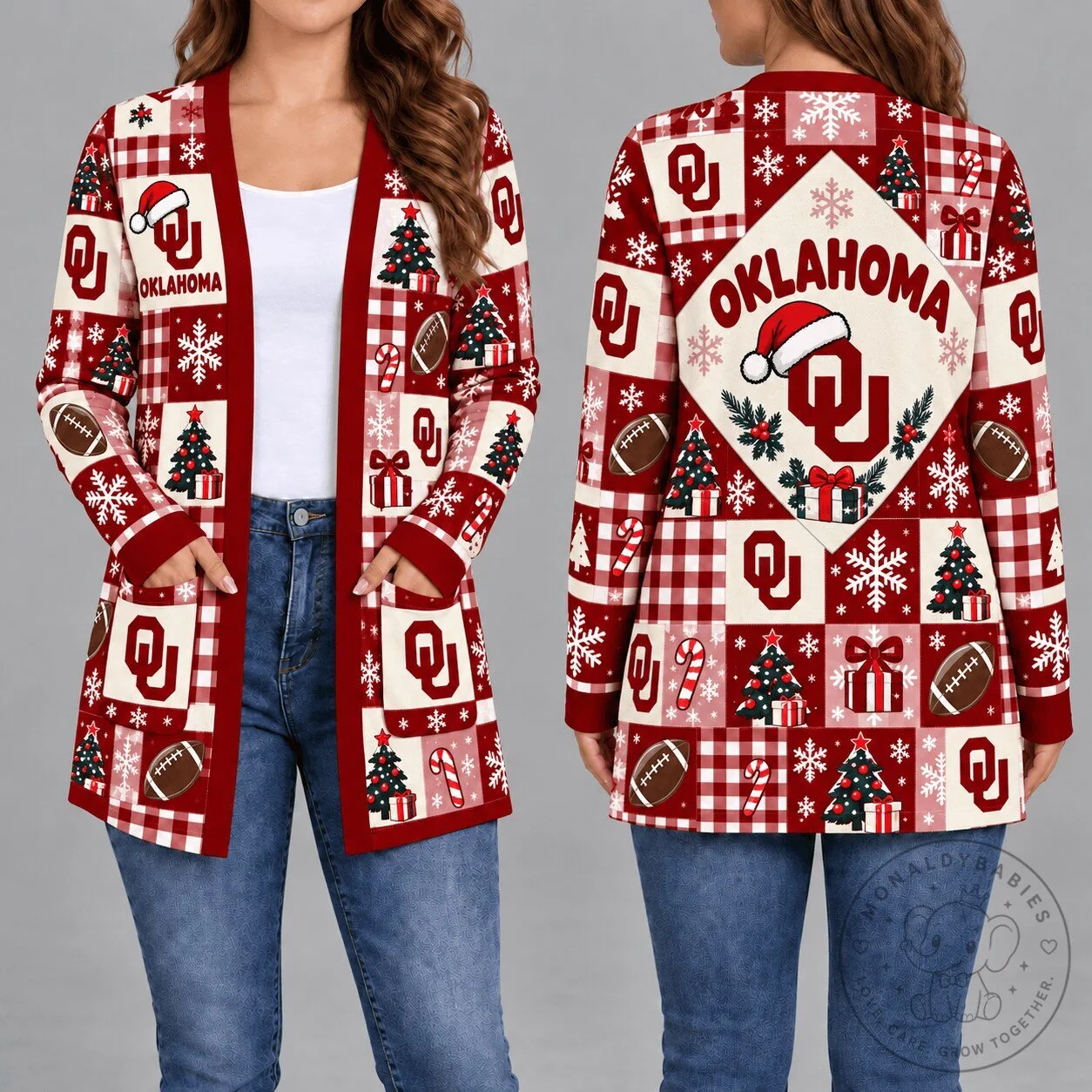 Oklahoma Sooners Christmas Quilted Pattern Women's Long Sleeve Cardigan