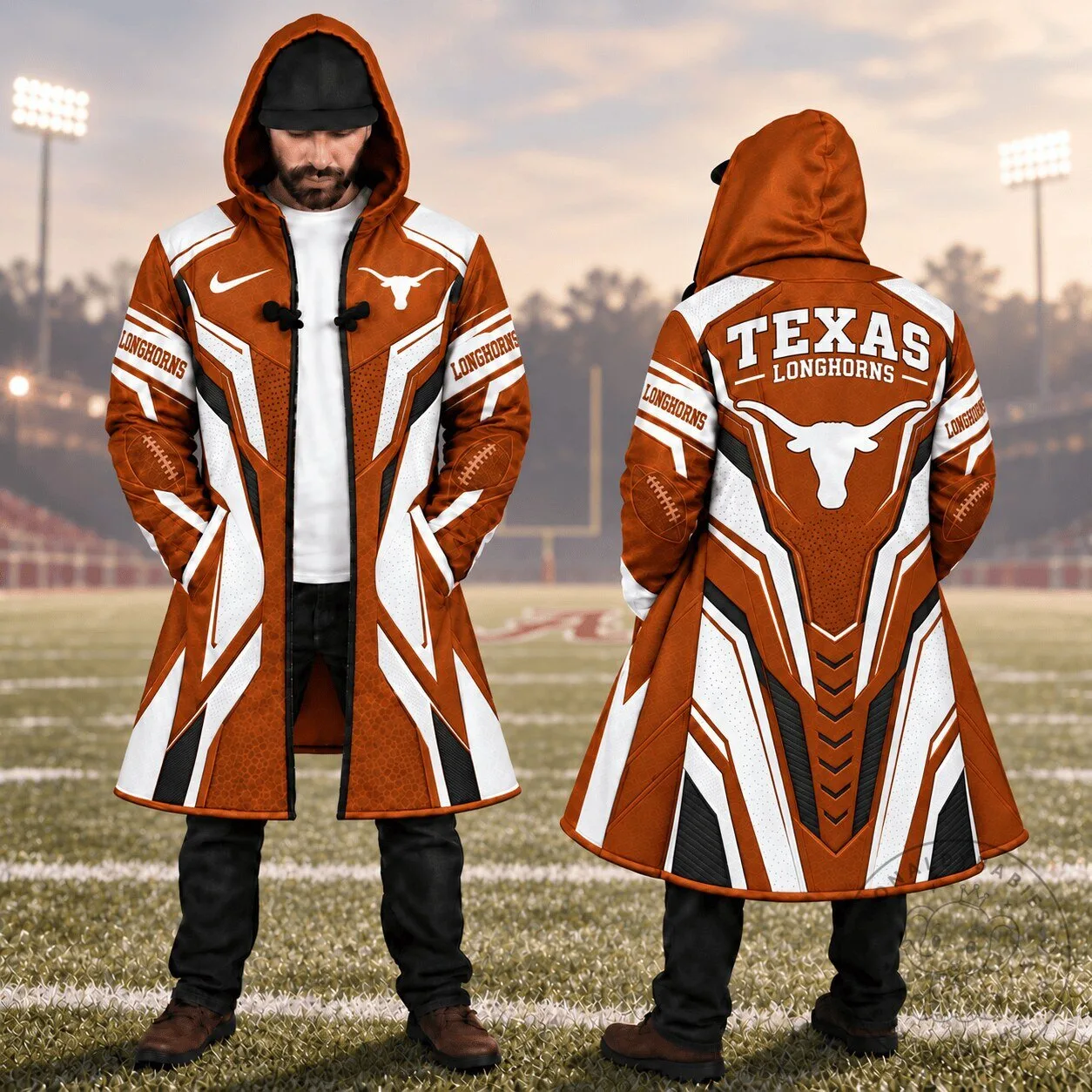 Texas Longhorns Football Team Orange and White Premium Hooded Cloak Jacket
