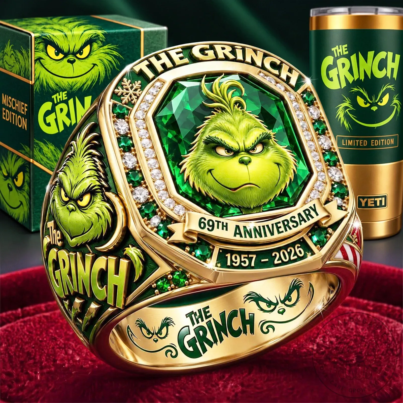 The Grinch 69th Anniversary Emerald Crystal Gold Plated Ring