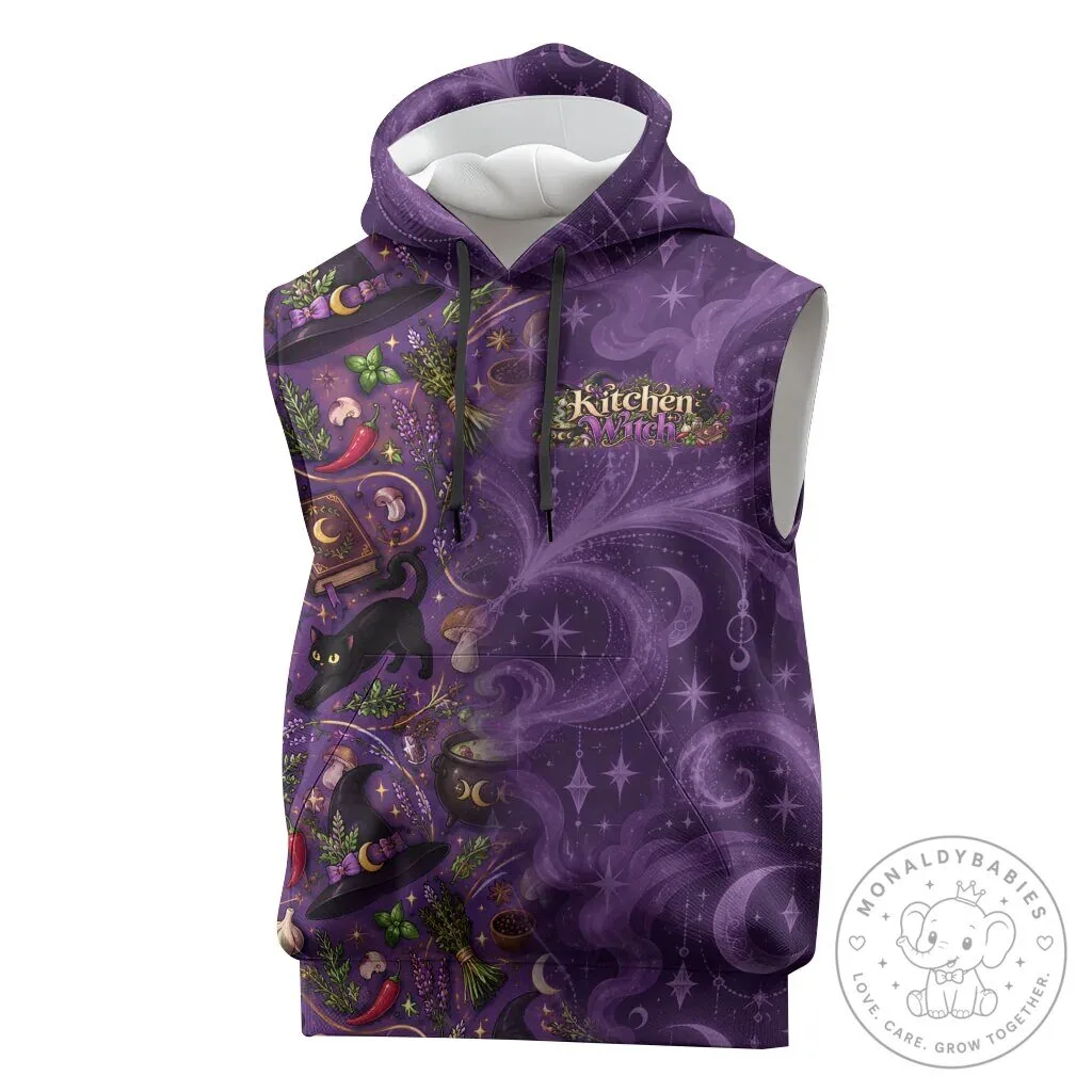 Sleeveless Hoodie featuring Black Cat and Magical Cauldron for Kitchen Witch Wiccan Style