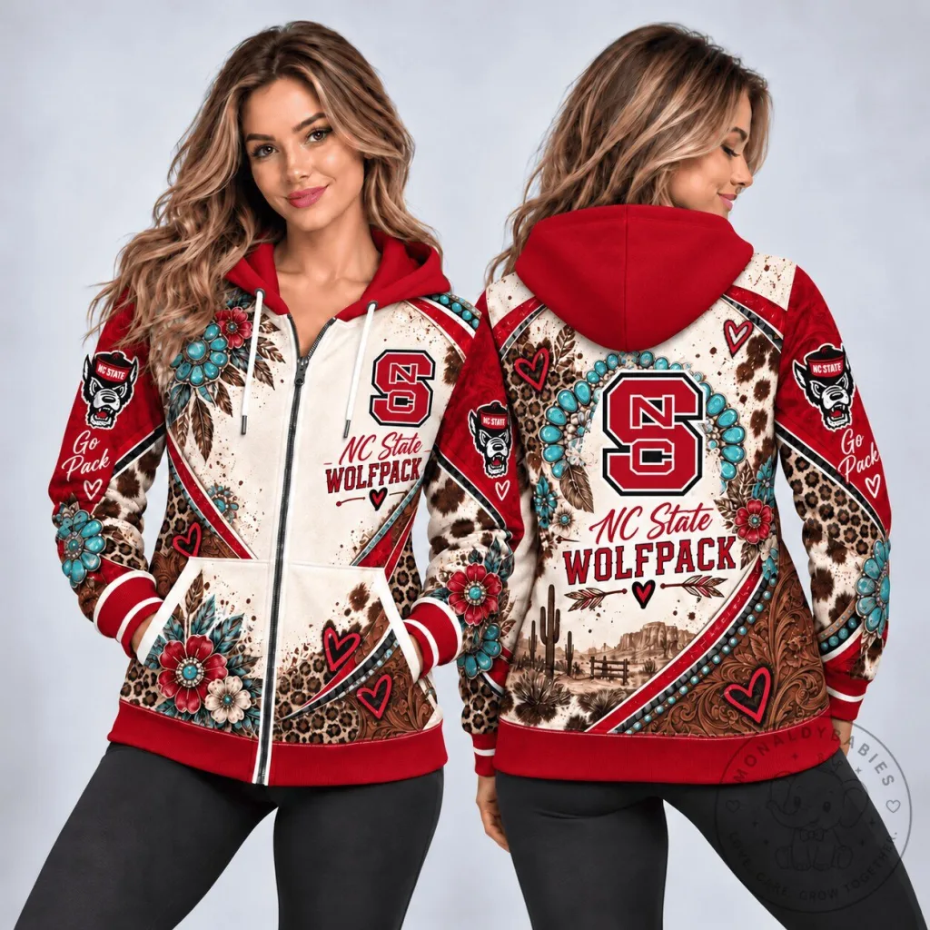 North Carolina State Wolfpack Western Boho Style Full Zip Hoodie North Carolina State Wolfpack Western Boho Style Full Zip Hoodie