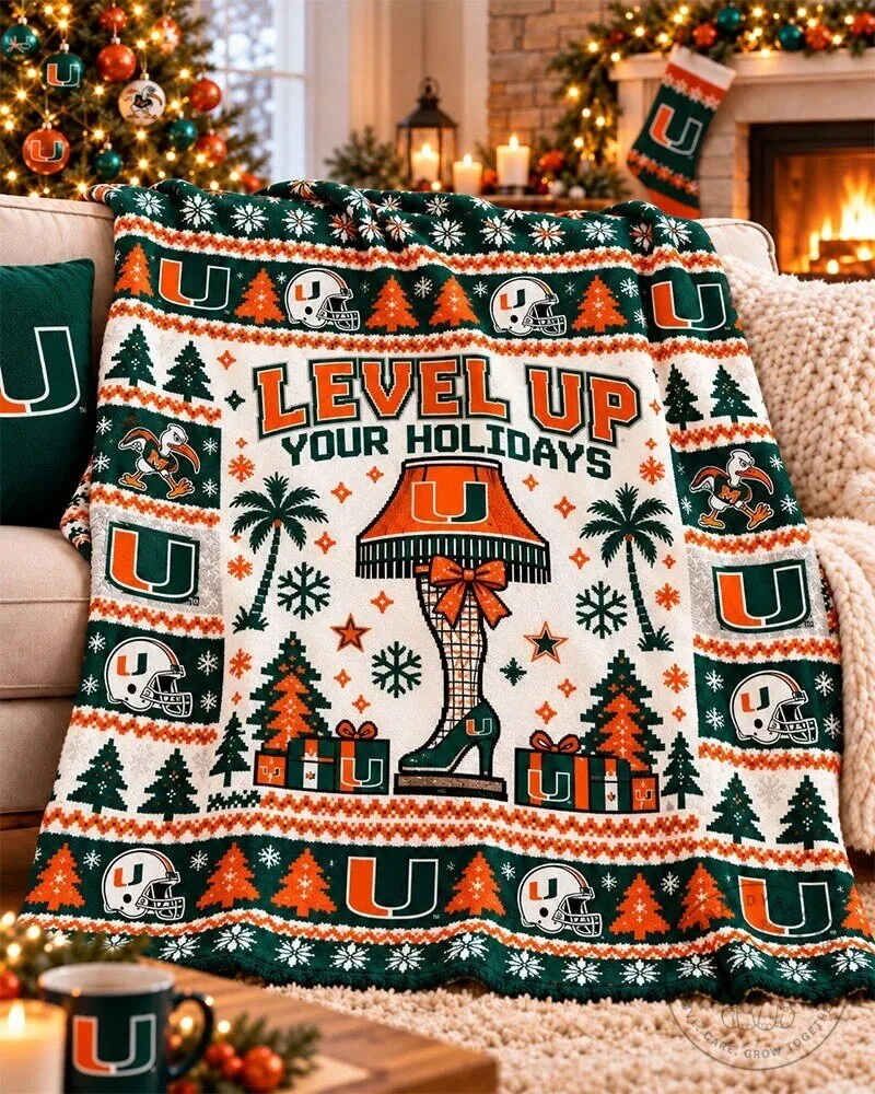 Miami Hurricanes Level Up Your Holidays Christmas Ugly Sweater Style Blanket