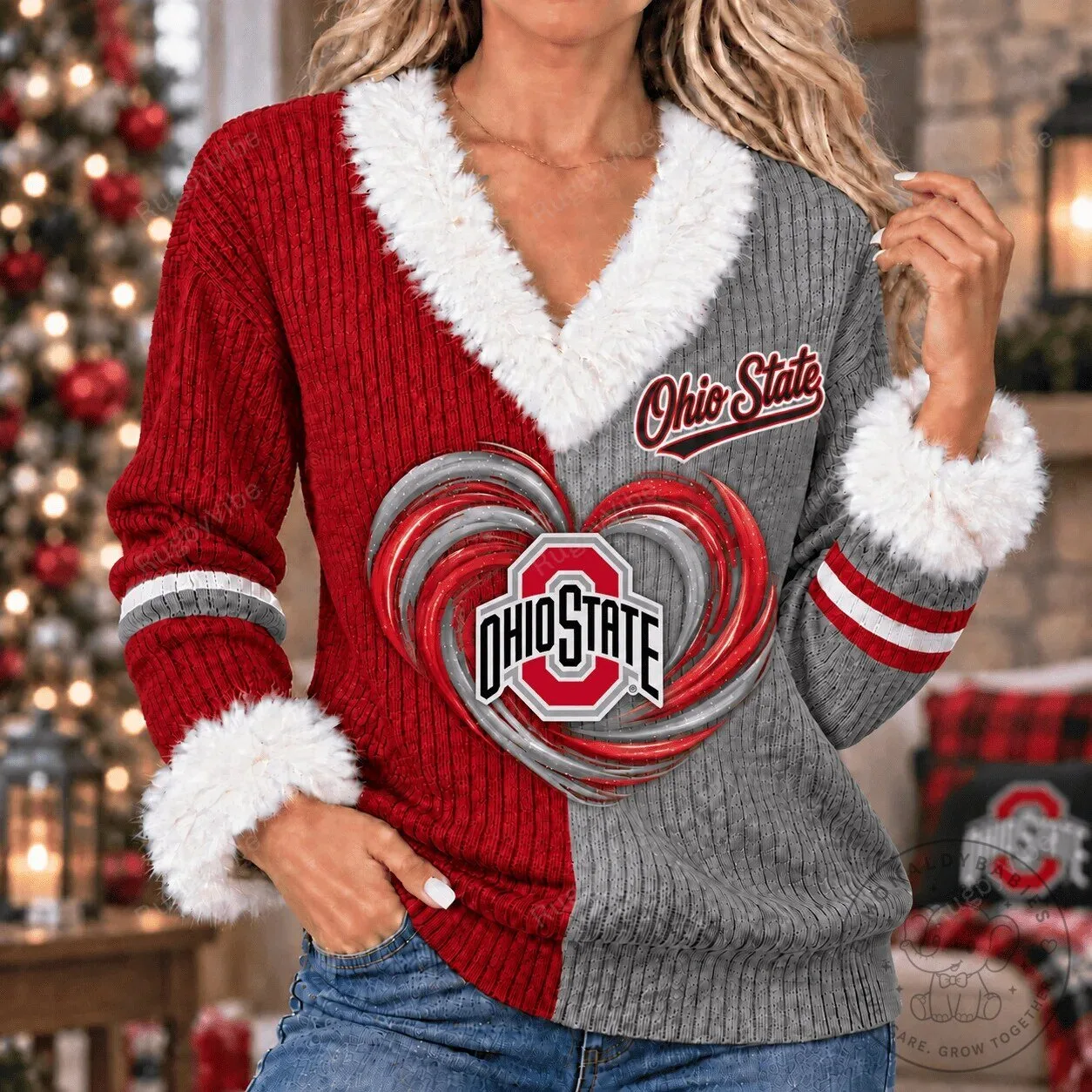 Ohio State Buckeyes Christmas Heart Fur Trimmed V-Neck Long Sleeve Sweater 2 Ohio State Buckeyes Christmas Heart Fur Trimmed V-Neck Long Sleeve Sweater