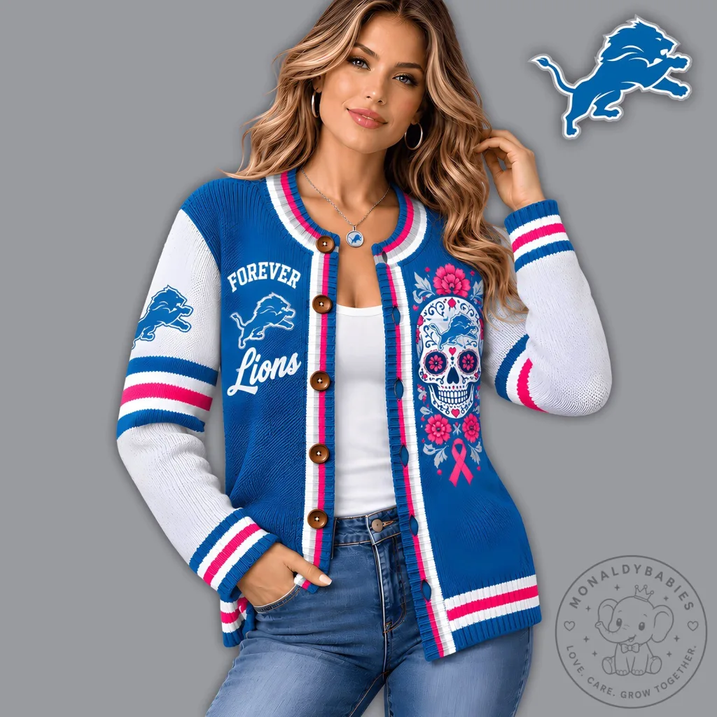 Detroit Lions Floral Sugar Skull Breast Cancer Awareness Knit Cardigan