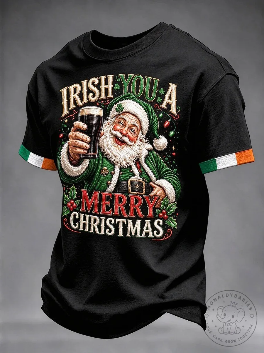 Irish You A Merry Christmas Santa Claus Drinking Beer Festive T-Shirt