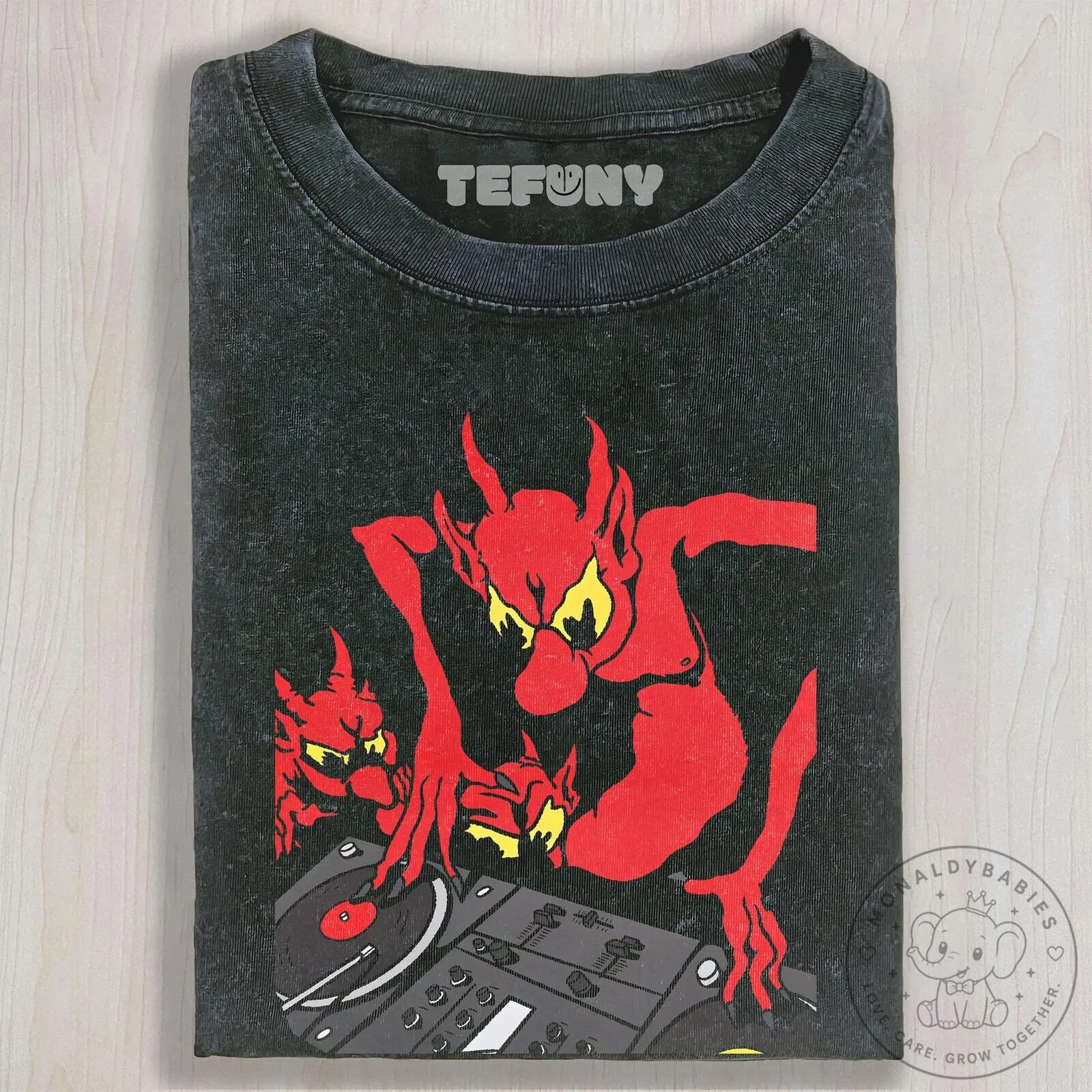 Dark Gothic Devil DJ Turntable Graphic Washed Black Short Sleeve T-Shirt