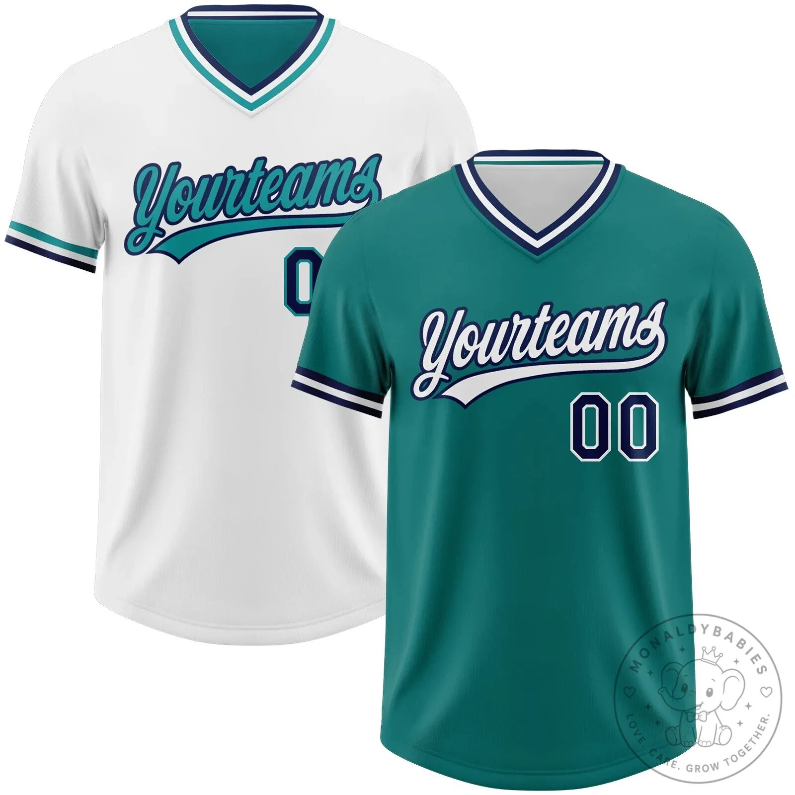 Custom Teal Navy White Reversible V-Neck Baseball Jersey Shirt