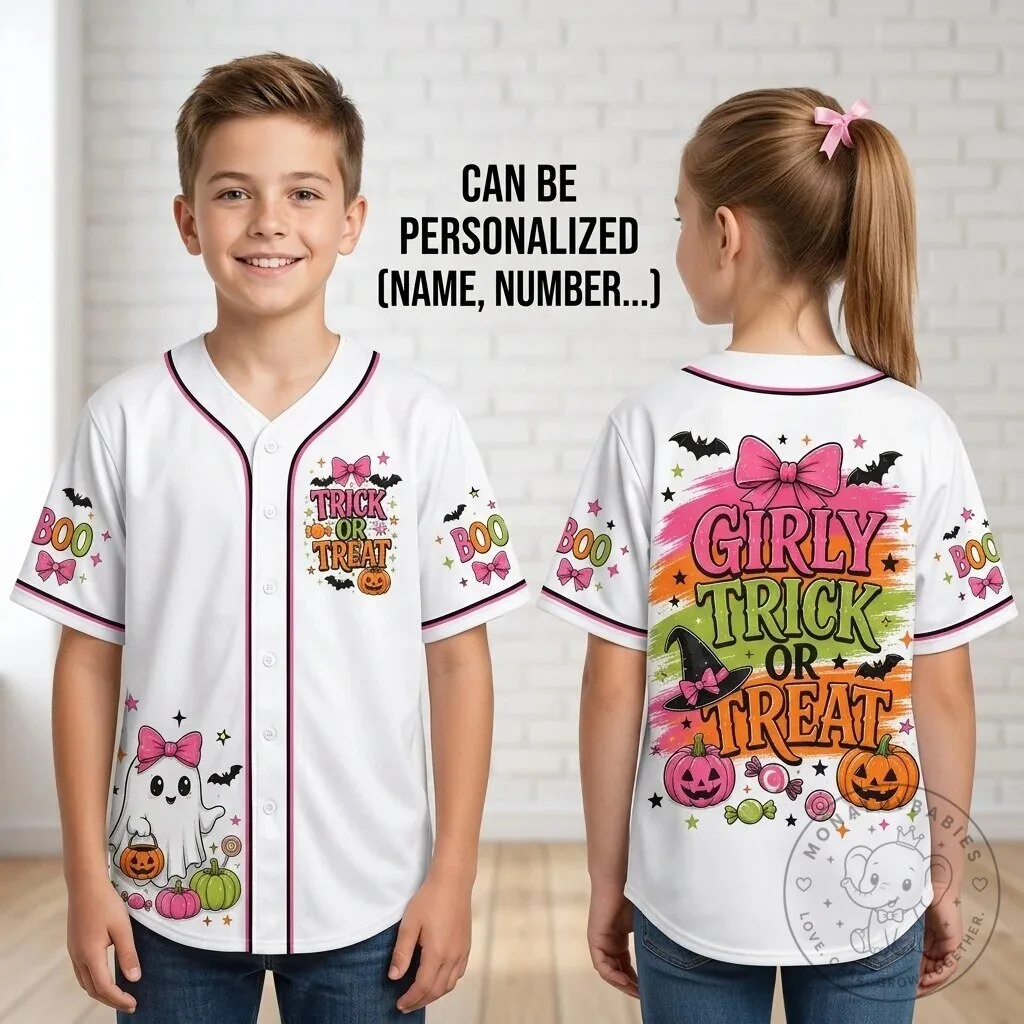 Girly Trick or Treat Halloween Ghost and Pink Pumpkin Baseball Jersey