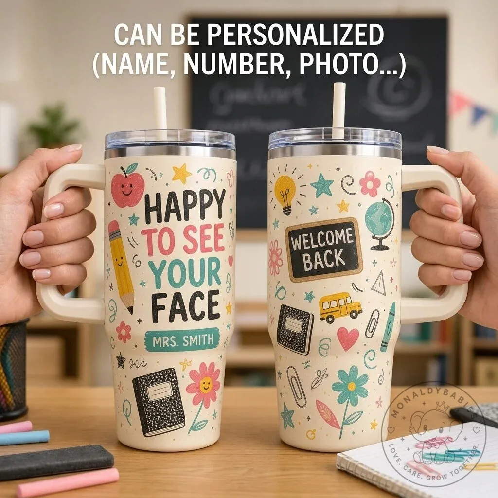 Personalized Teacher Happy To See Your Face Tumbler with Handle