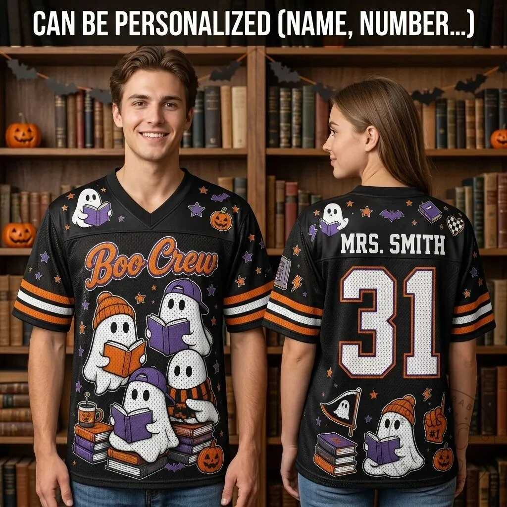 Boo Crew Halloween Teacher Football Jersey - Personalized Ghost Reading Jersey