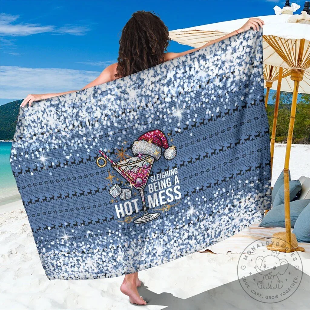 Sleighing Being A Hot Mess Christmas Cocktail Martini Glass Beach Towel
