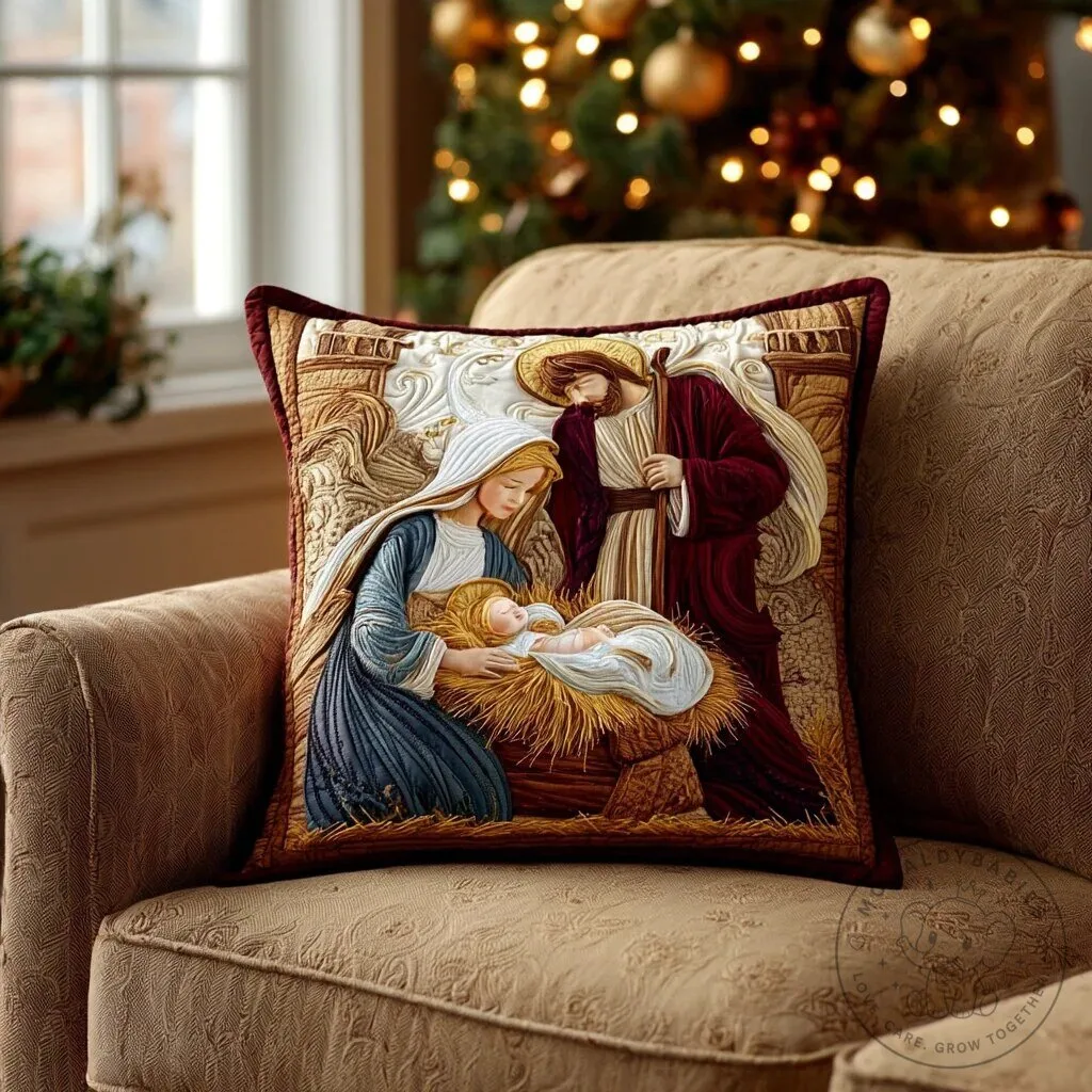Nativity Scene Christmas Quilted Decorative Pillow
