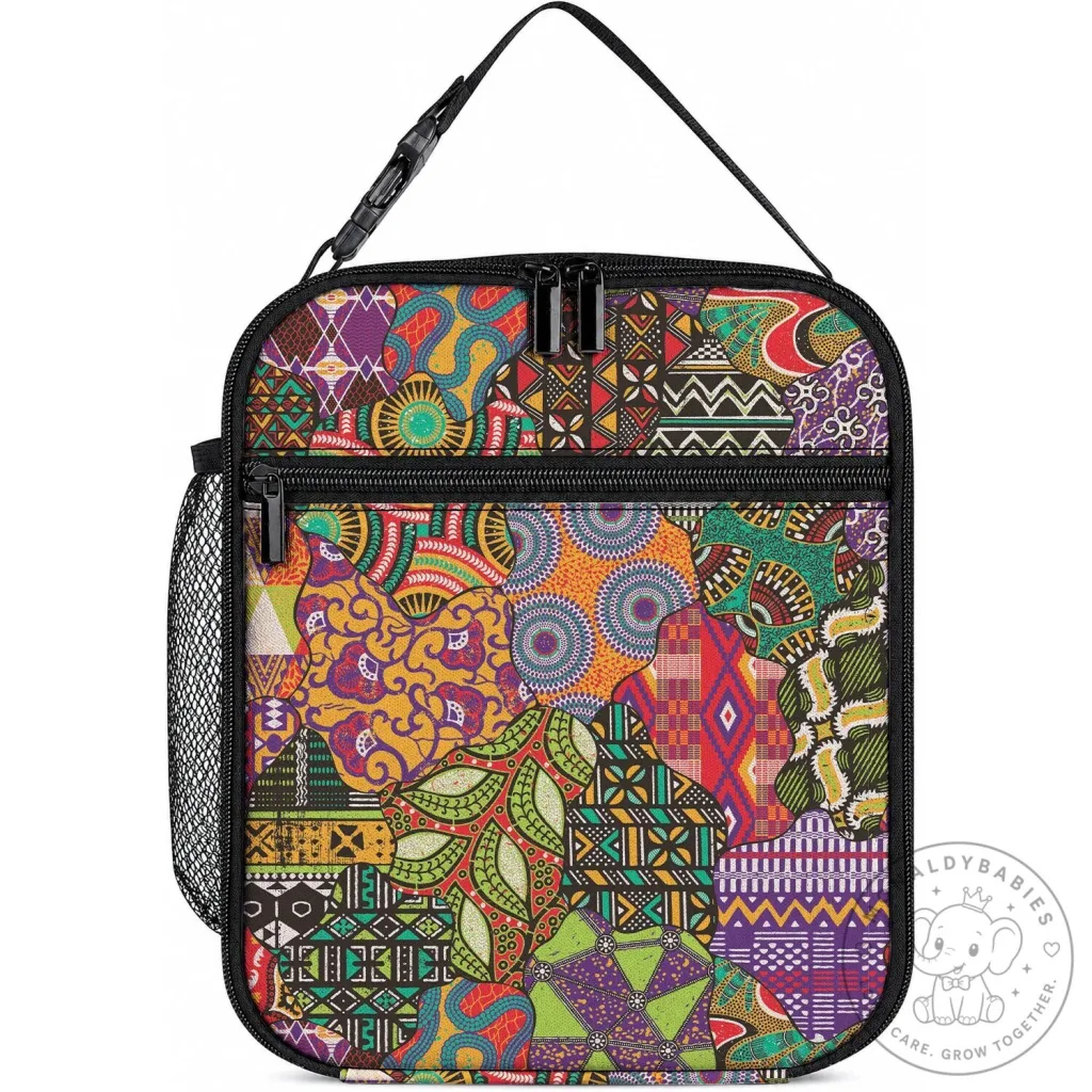 Colorful African Patchwork Print Insulated Lunch Bag with Zipper Closure