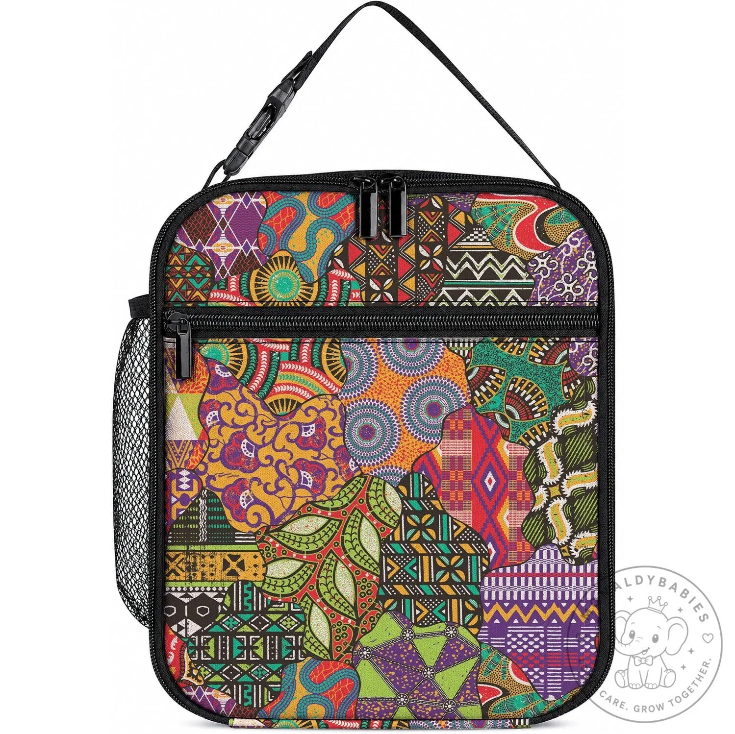 Colorful African Patchwork Print Insulated Lunch Bag with Zipper Closure