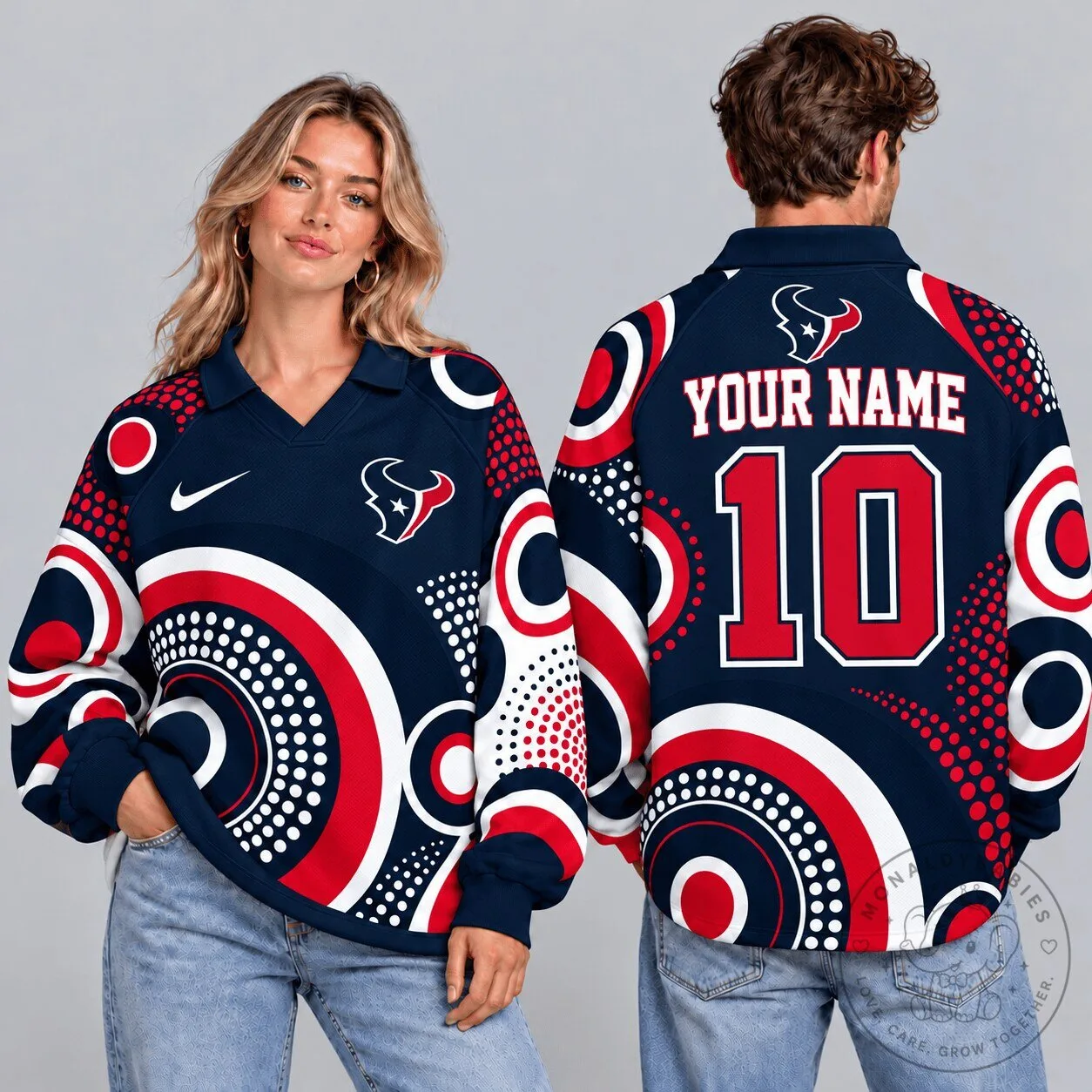 Houston Texans NFL Retro Geometric Circle Print Custom Name Number Long Sleeve Polo Shirt