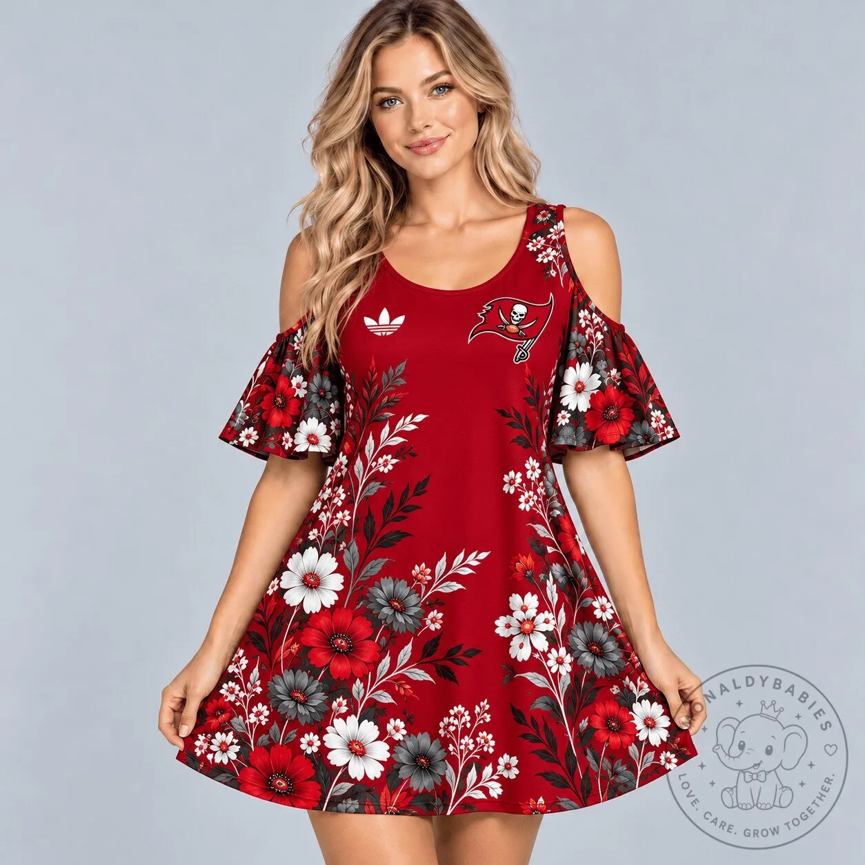 Tampa Bay Buccaneers Floral Print Cold Shoulder Ruffle Sleeve A-Line Mini Dress