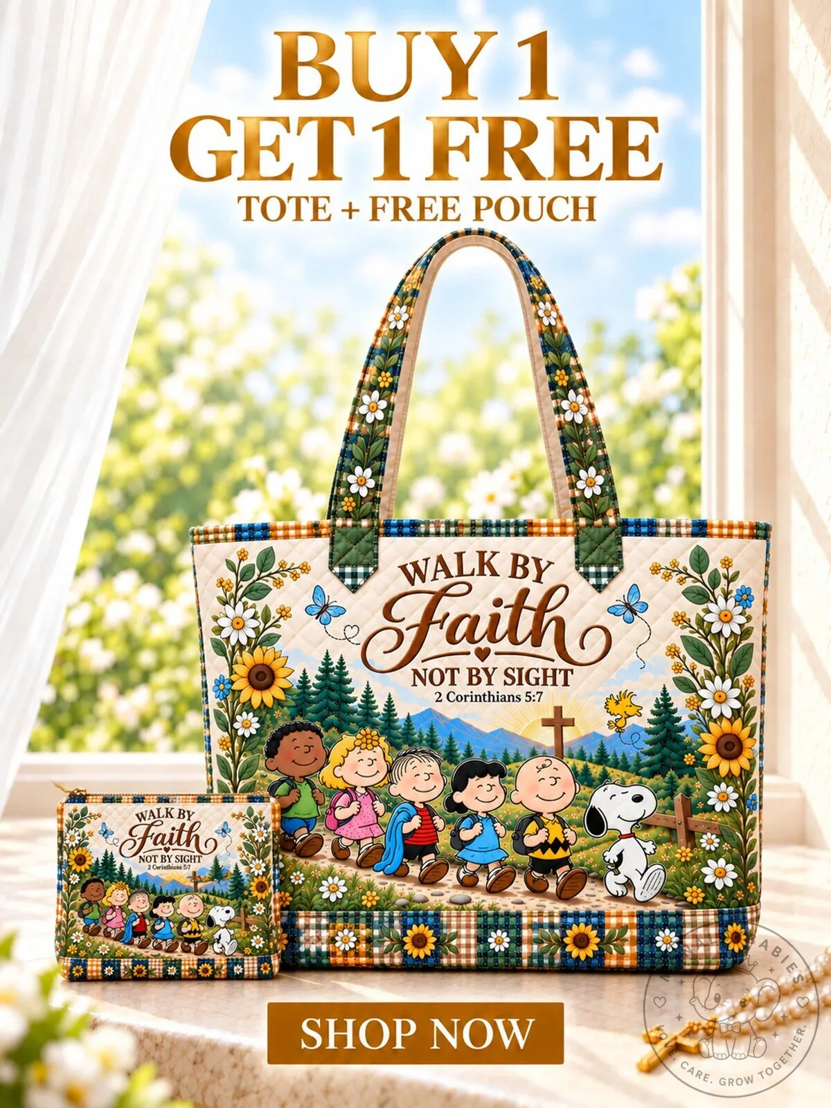 Peanuts Snoopy Walk By Faith Not By Sight Christian Bible Verse Tote Bag