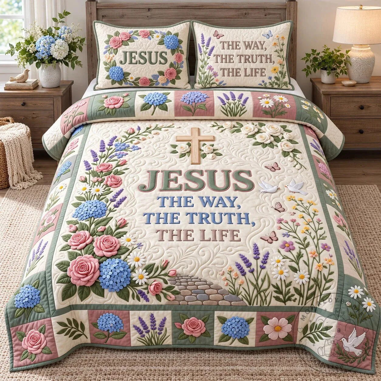 Jesus The Way The Truth The Life Floral Christian Quilted Bedding Set