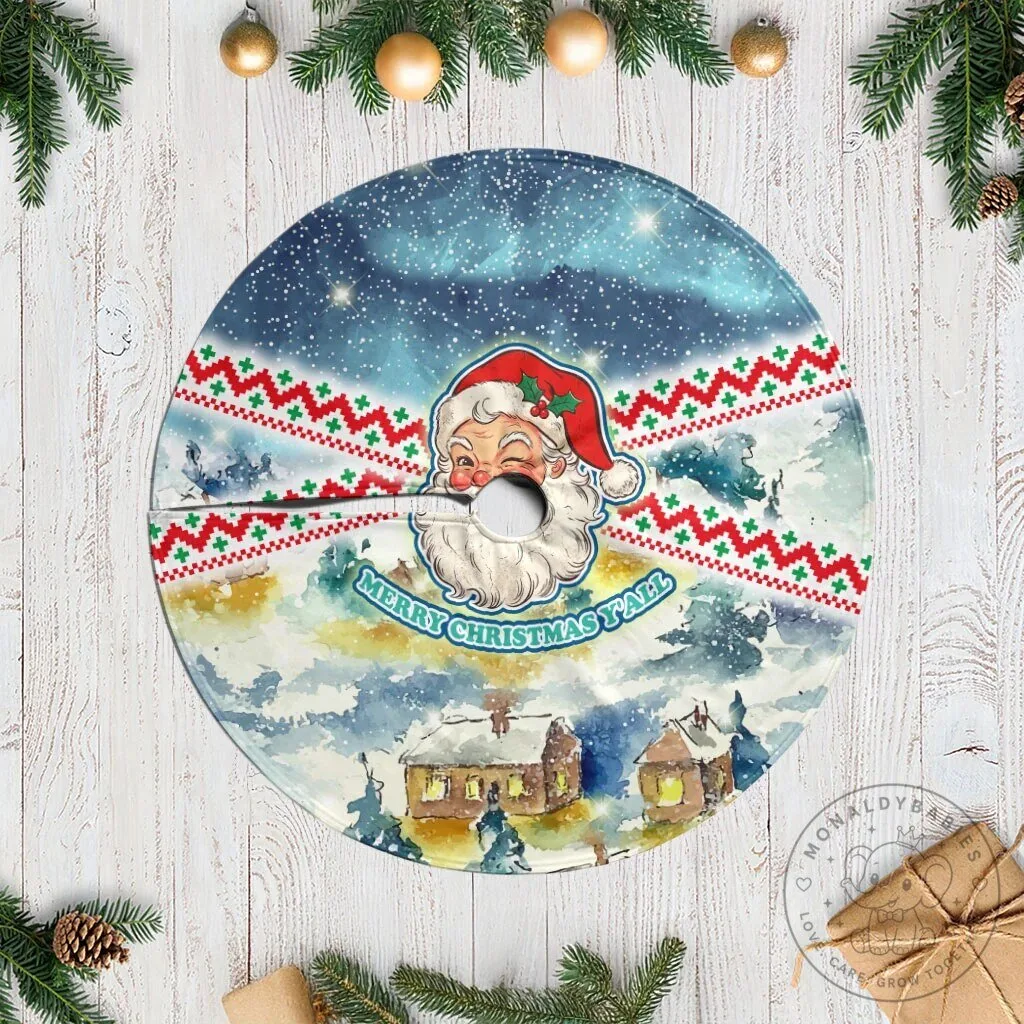 Vintage Winking Santa Claus Merry Christmas Y'all Snowy Winter Tree Skirt