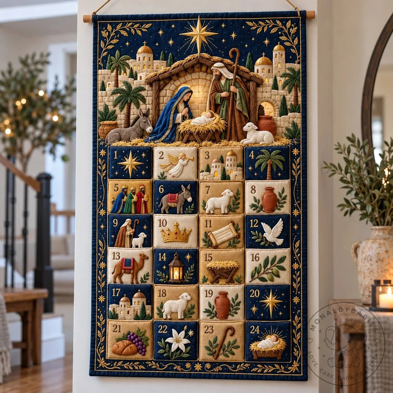 Nativity Scene Christmas Advent Calendar Wall Hanging Tapestry with Pockets