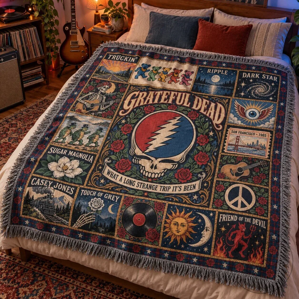 Grateful Dead Steal Your Face Skull Patchwork Woven Blanket