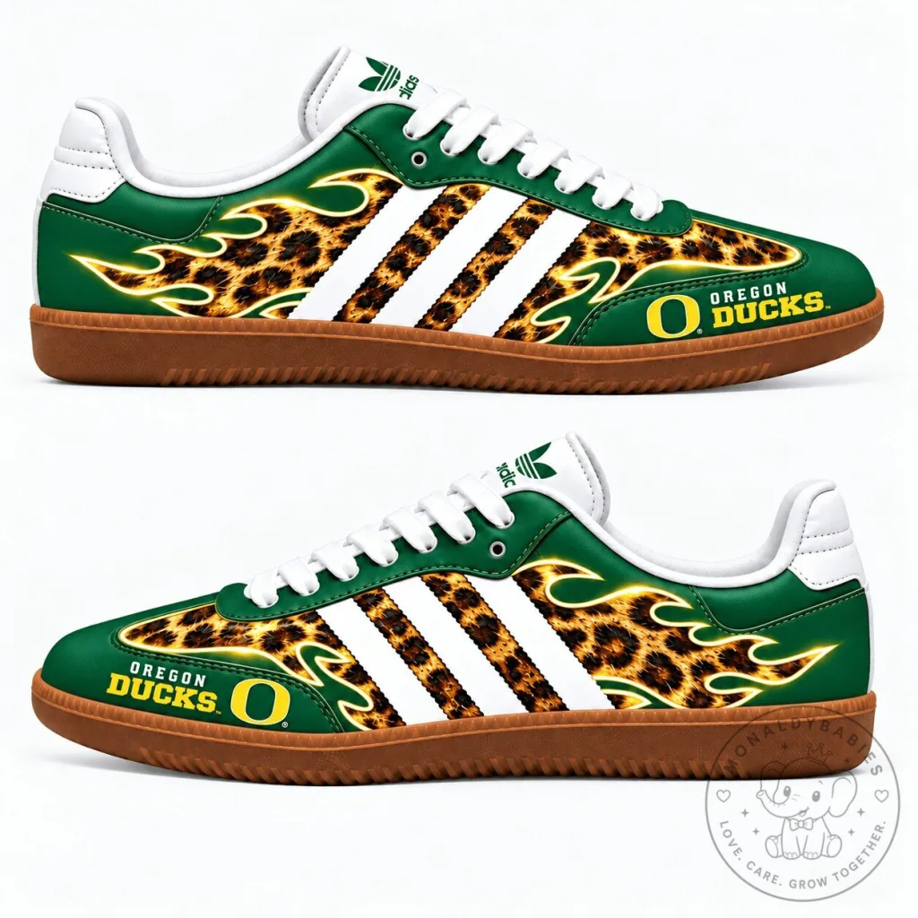 Oregon Ducks Leopard Print Flame Pattern Sneakers Oregon Ducks Leopard Print Flame Pattern Sneakers