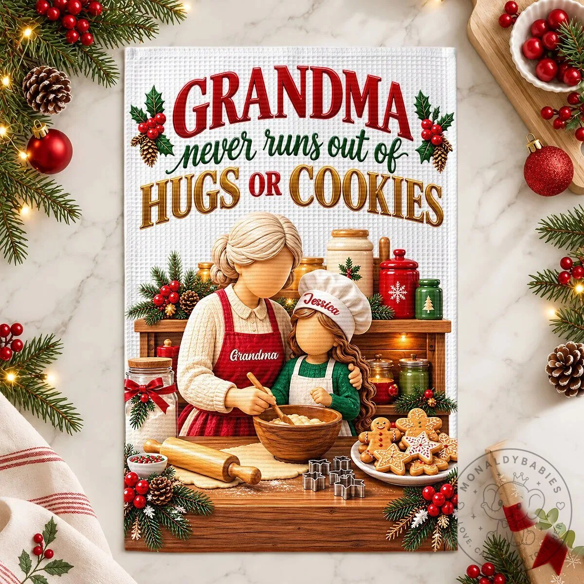 Personalized Grandma Never Runs Out Of Hugs Or Cookies Christmas Kitchen Towel