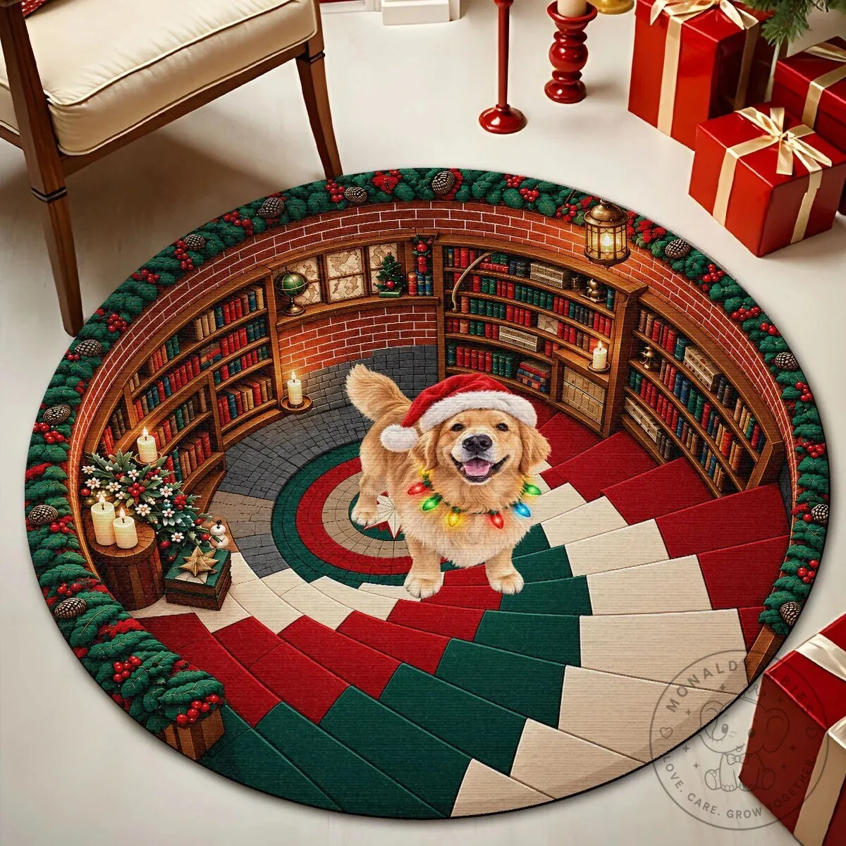 Personalized Christmas Golden Retriever Dog Photo Round Rug