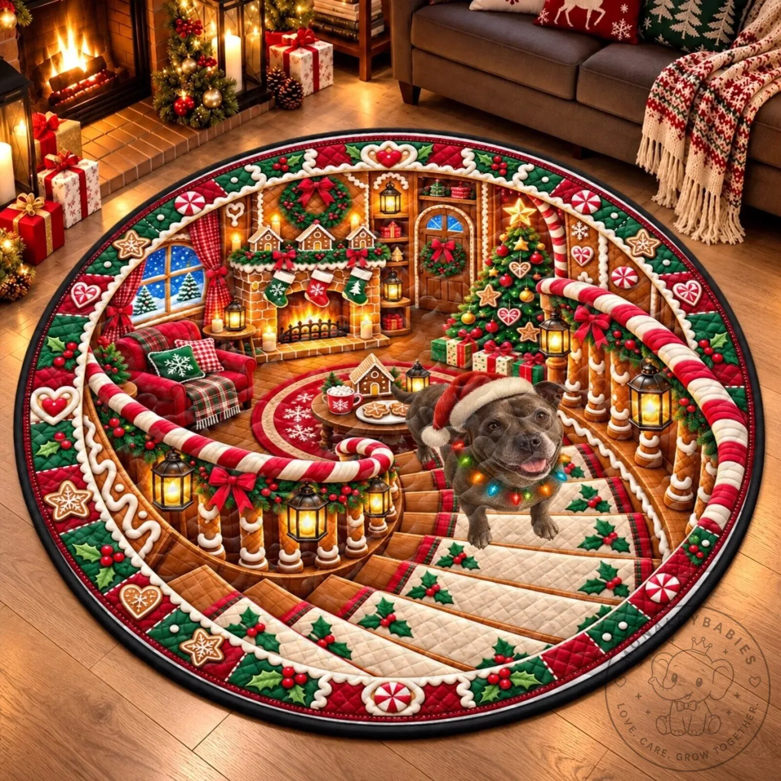 Christmas Santa Dog Lover Gingerbread House Holiday Round Rug