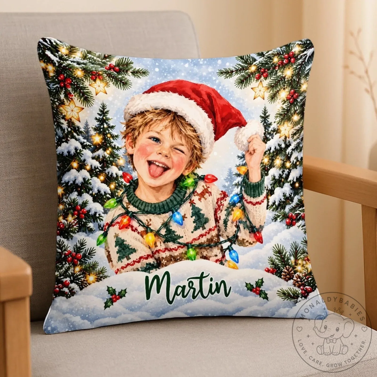 Personalized Child's Photo Christmas Holiday Decorative Throw Pillow 13 Personalized Child